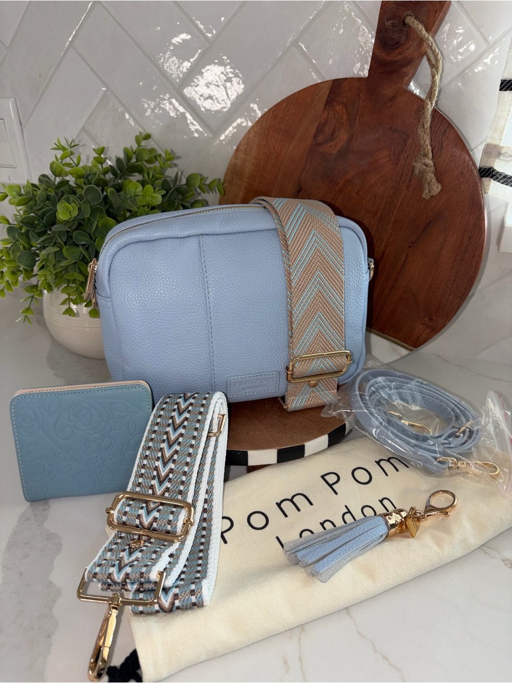 Pom Pom London powder blue City crossbody bag purse bundle